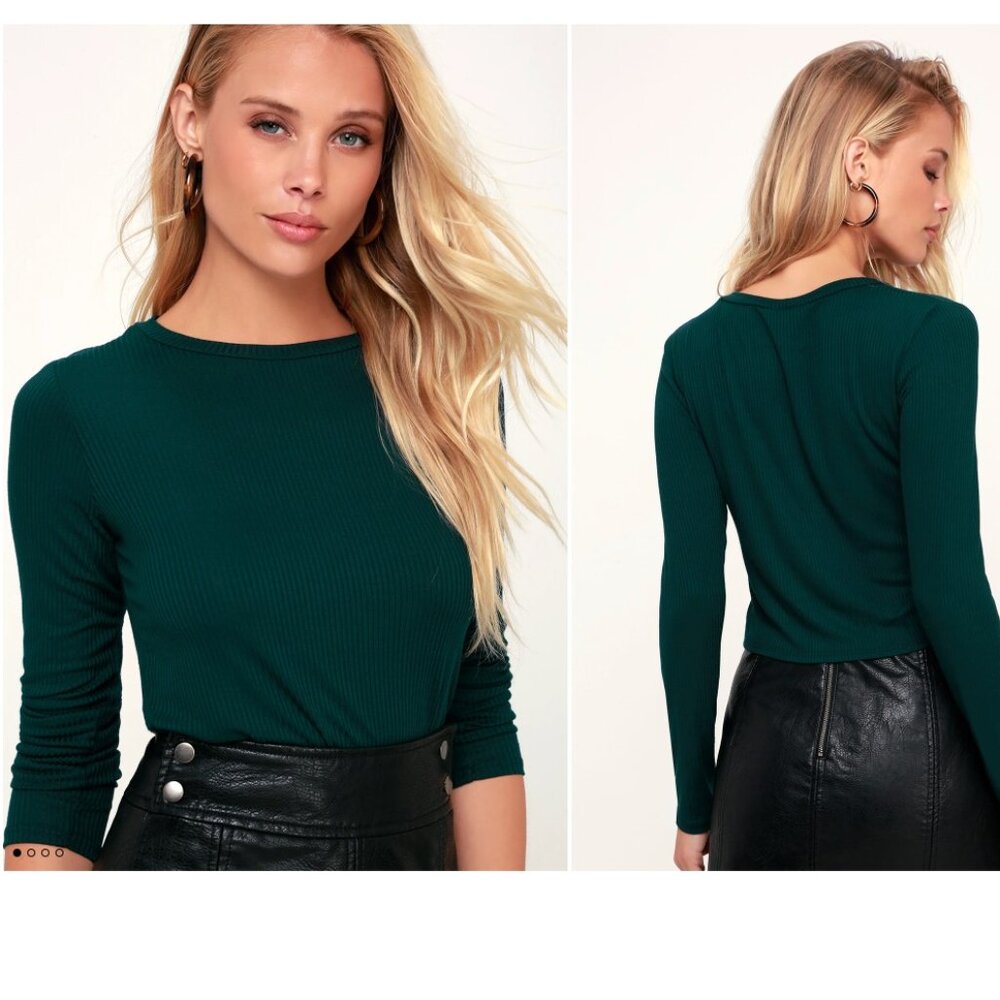 Lulus | Hollis Forest Green Ribbed Long Sleeve Crop Top | Sz M